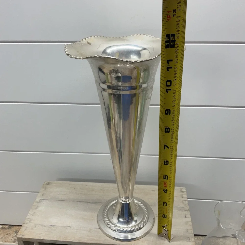 Vintage Silver Plated Trumpet Vase Scalloped Rim Rope Twist Base 12.5 Inch